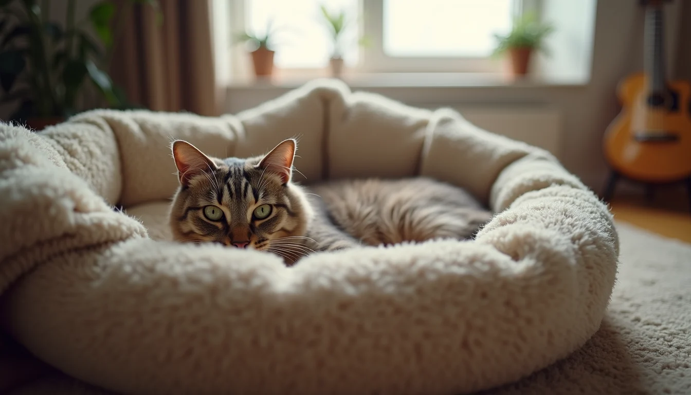 Eye-level view of a cozy cat bed with a blanket in a quiet room