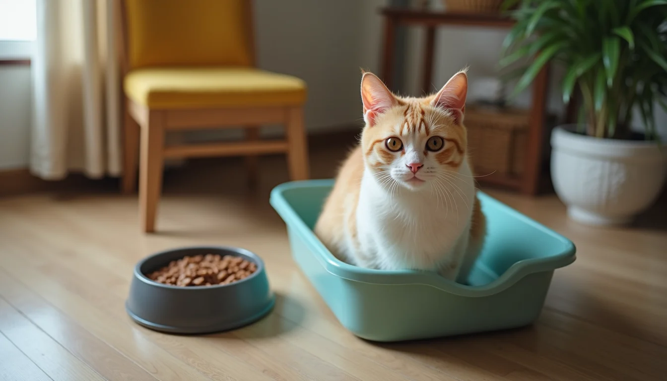 High angle view of a clean litter box and cat food bowls in a foster cat’s room