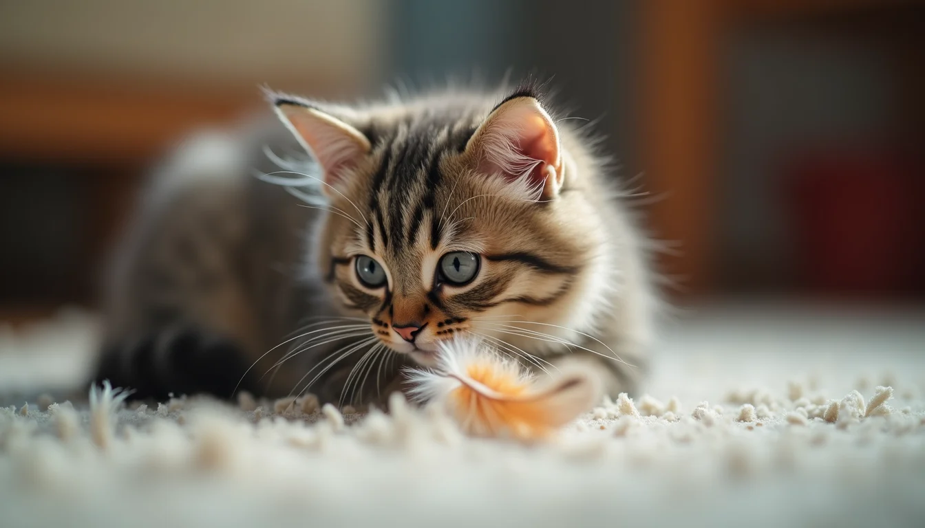 Close-up view of a cat playing with a feather toy on a carpet