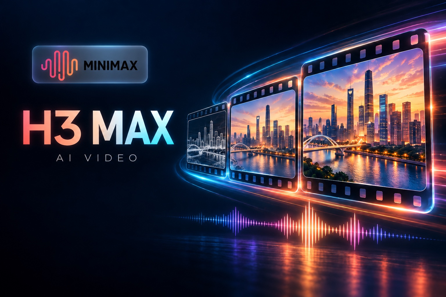 Vídeo H3 Max AI mostrado como uma rápida progressão do conceito de wireframe até uma cena cinematográfica de cidade acabada com áudio sincronizado